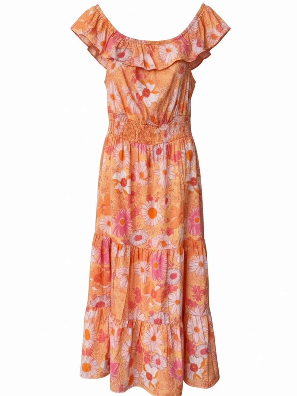 NWT Boho Floral Bright Orange and Pink Indulge Dress Off the Shoulder Size Large - Picture 2 of 9